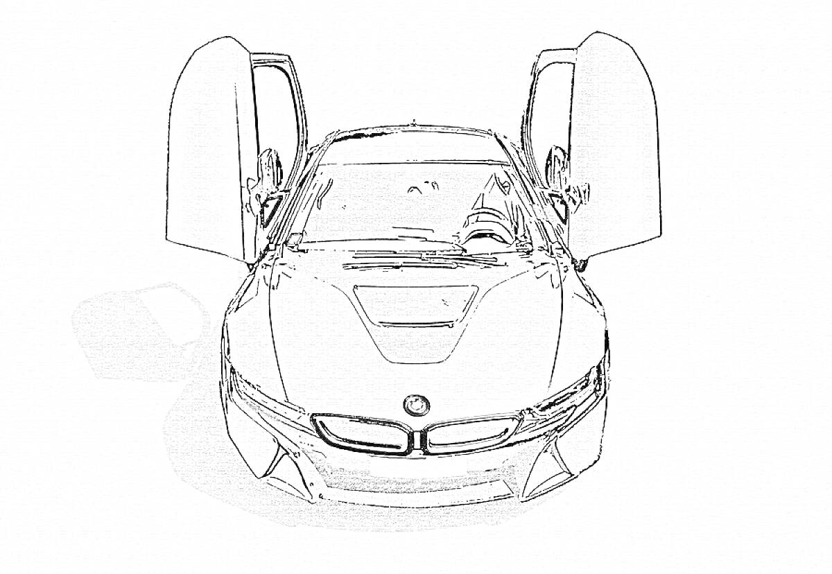На раскраске изображено: I8, Спорткар, Открытые двери, Спортивная машина, Электромобиль, Бмв