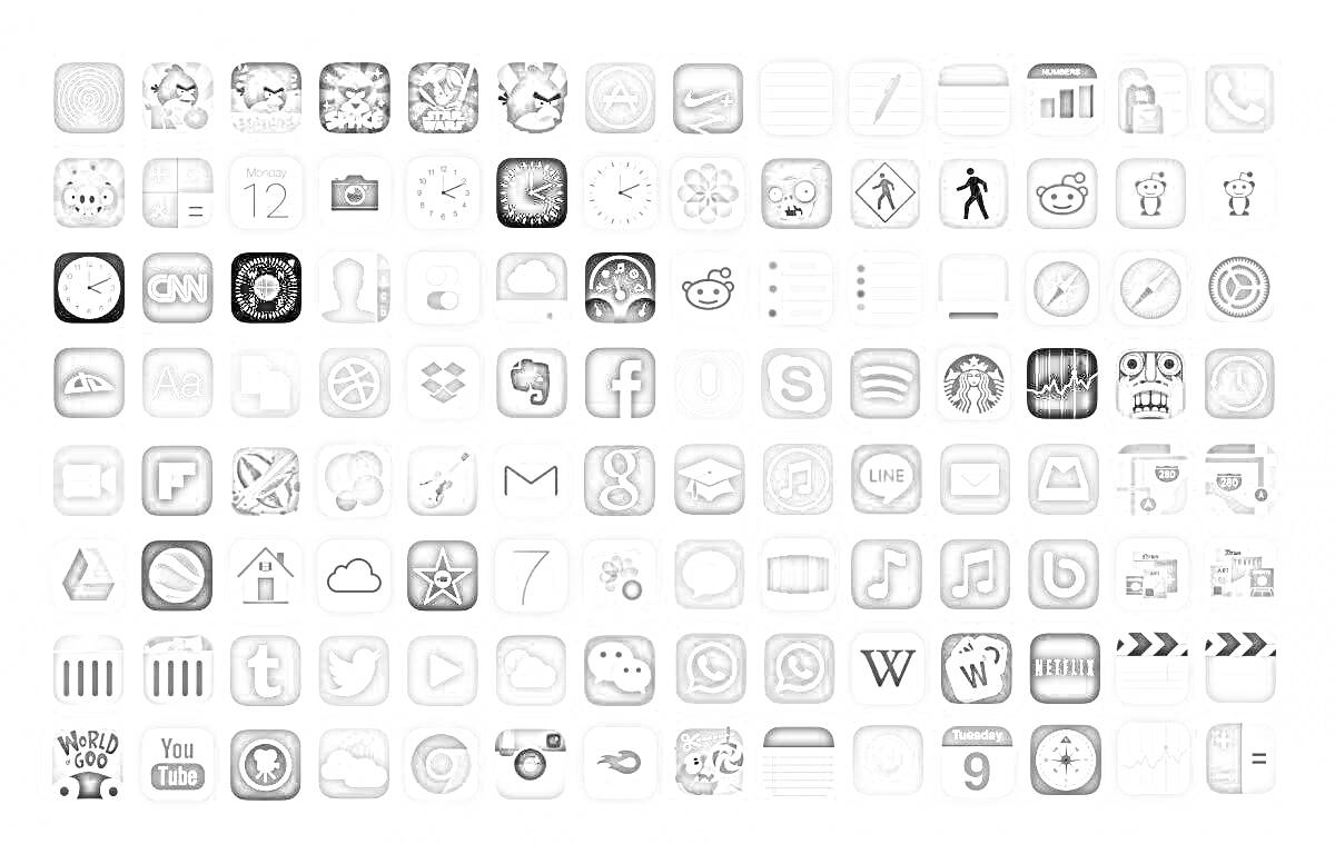 Раскраска Иконки различных приложений на экране мобильного телефона, включая социальные сети, сообщения, браузеры, музыку, карты и другие