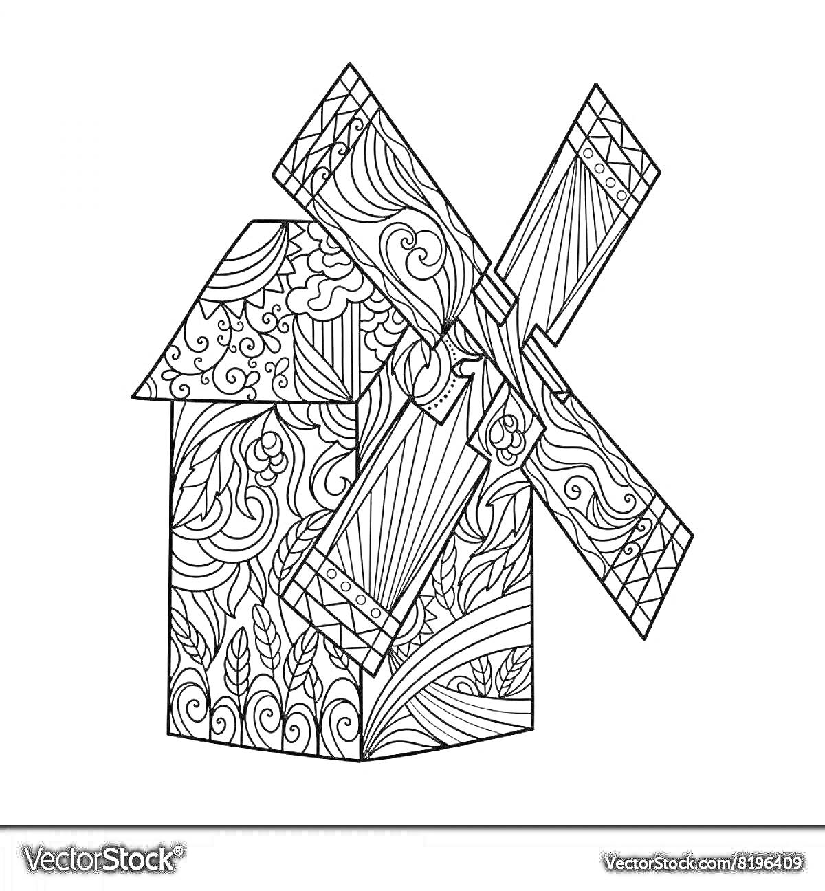 На раскраске изображено: Мельница, Декоративные узоры, Листья, Волнистые линии, Цветы, Абстрактные элементы