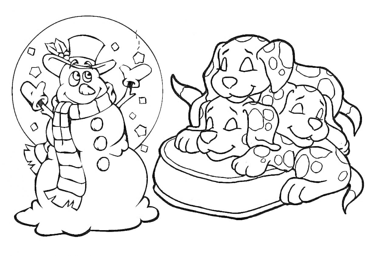 На раскраске изображено: Ёлочные игрушки, Подушка, Зимние праздники, Собака