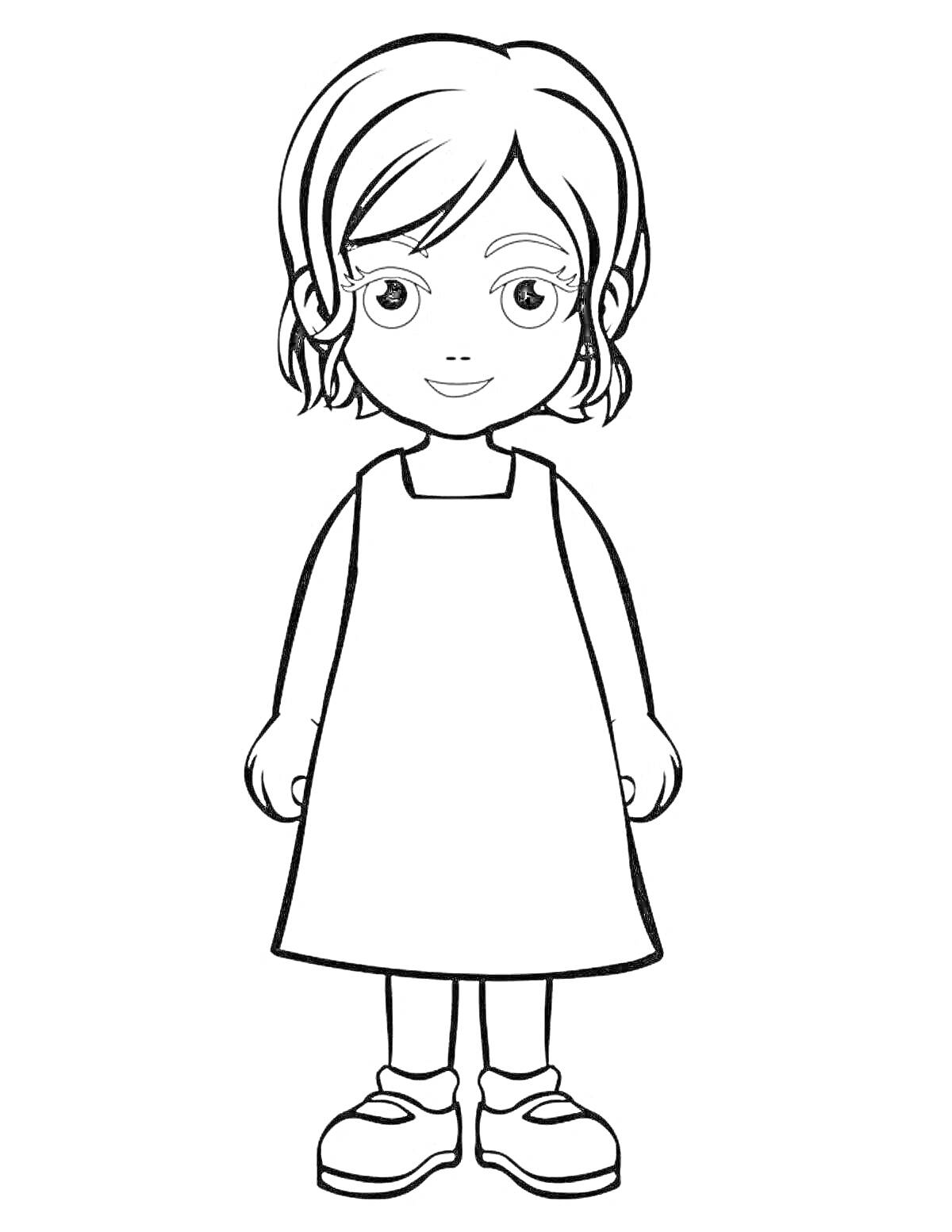 На раскраске изображено: Ребенок, Девочка, Полный рост, Платье, Туфли, Короткие волосы