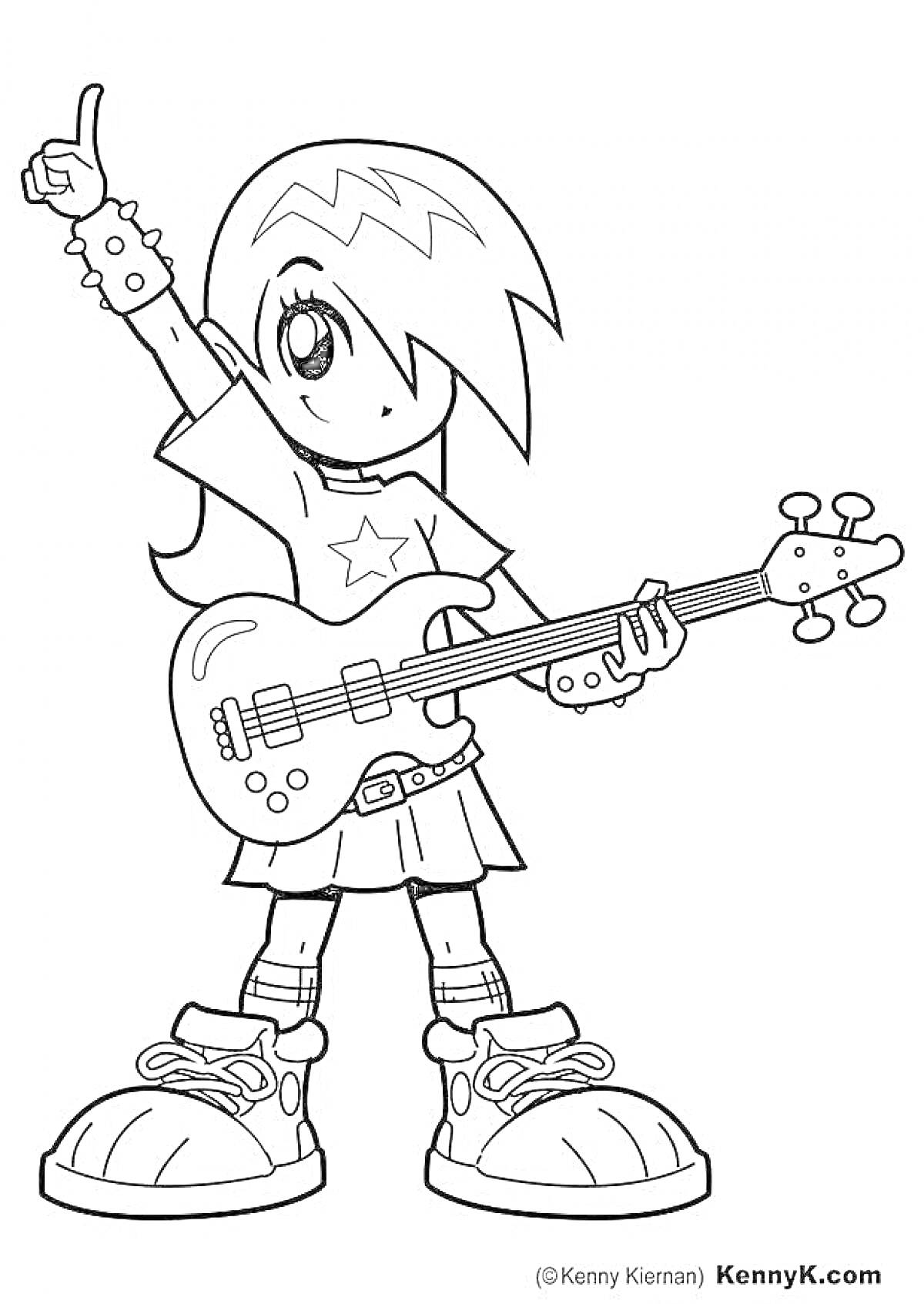 Раскраска Рок-музыкант с гитарой, в кедах и юбке, с поднятой рукой