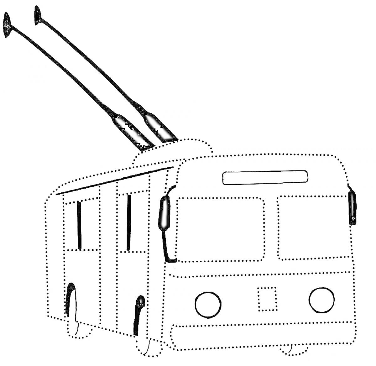 На раскраске изображено: Троллейбус, Транспорт, Антенны, Окна, Фары