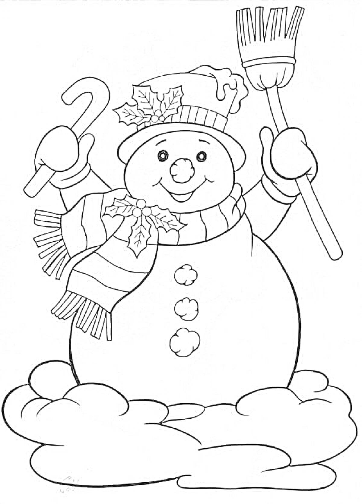 Раскраска Снеговик в шапке и шарфе с метлой и леденцом на снегу