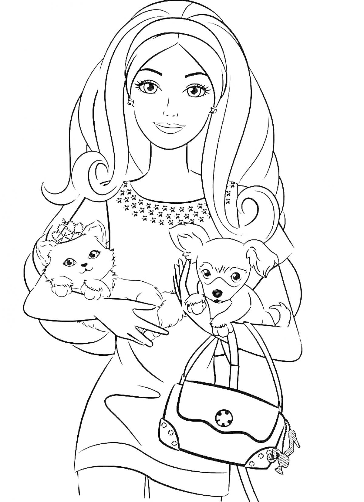 Раскраска Барби держит двух щенков и сумочку