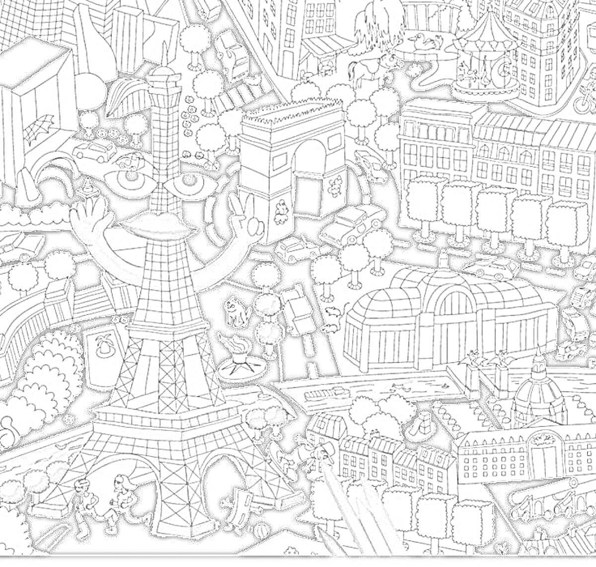 Раскраска Париж - Эйфелева башня с руками, Триумфальная арка, здания, улицы и деревья.
