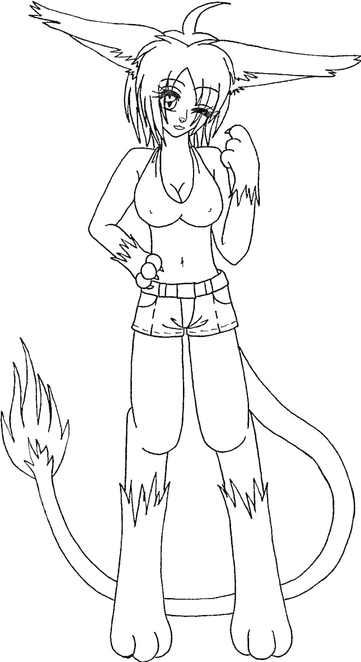 Раскраска Фурри персонаж с большими ушами, пушистым хвостом, топом и шортами