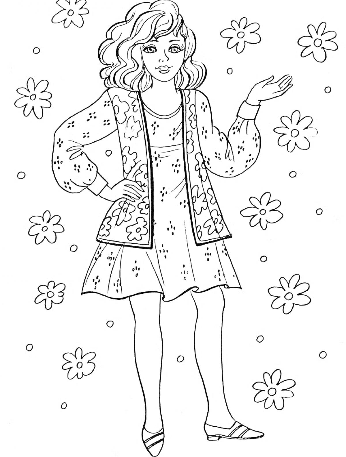 Раскраска Девочка в платье с узорами, окруженная цветами
