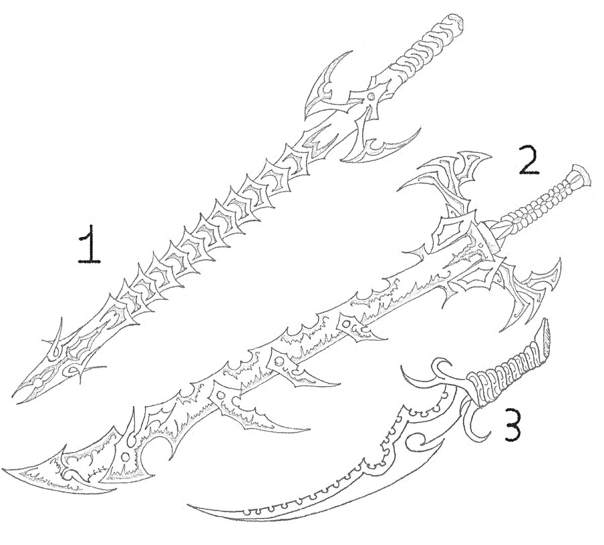 Раскраска Три кинжала фантастических форм с зубчатыми лезвиями и декоративными рукоятками, пронумерованные как 1, 2 и 3