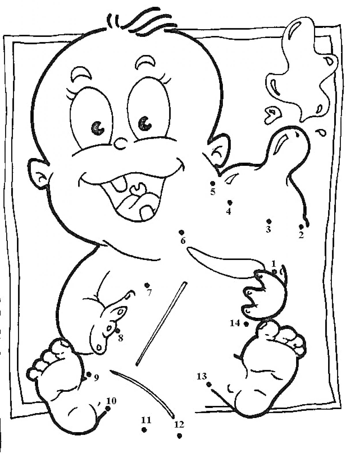 Раскраска Ребенок с прорезывателем и вытекшей жидкостью