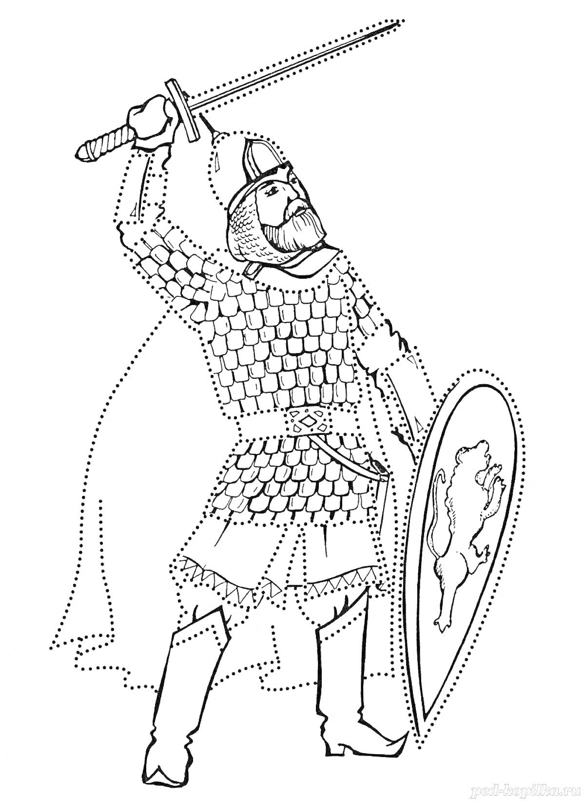 РаскраскаРусский воин с поднятым мечом и круглым щитом с изображением льва