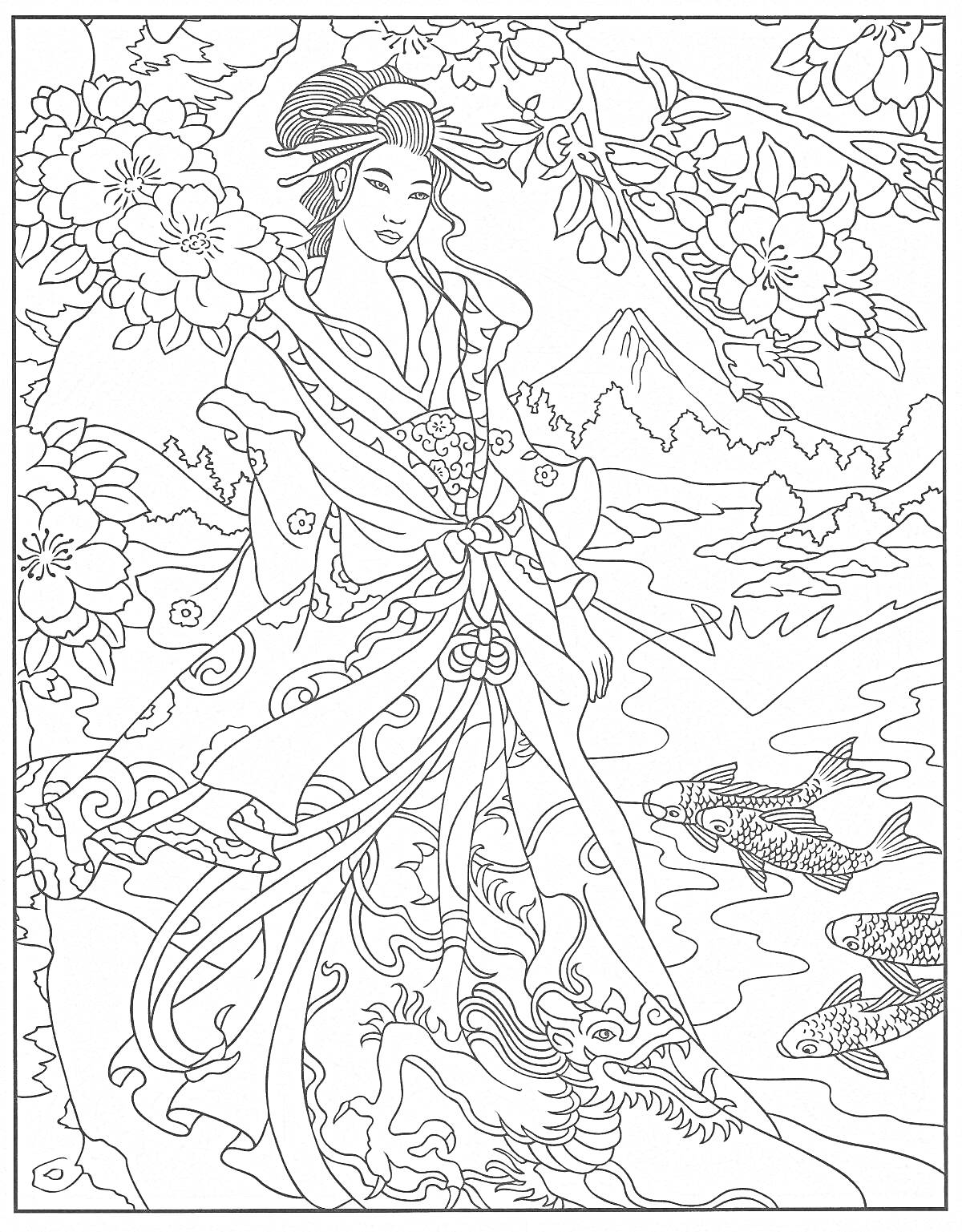 Женщина в традиционной японской одежде под цветущими деревьями, река с рыбами кои на фоне горы Фудзи