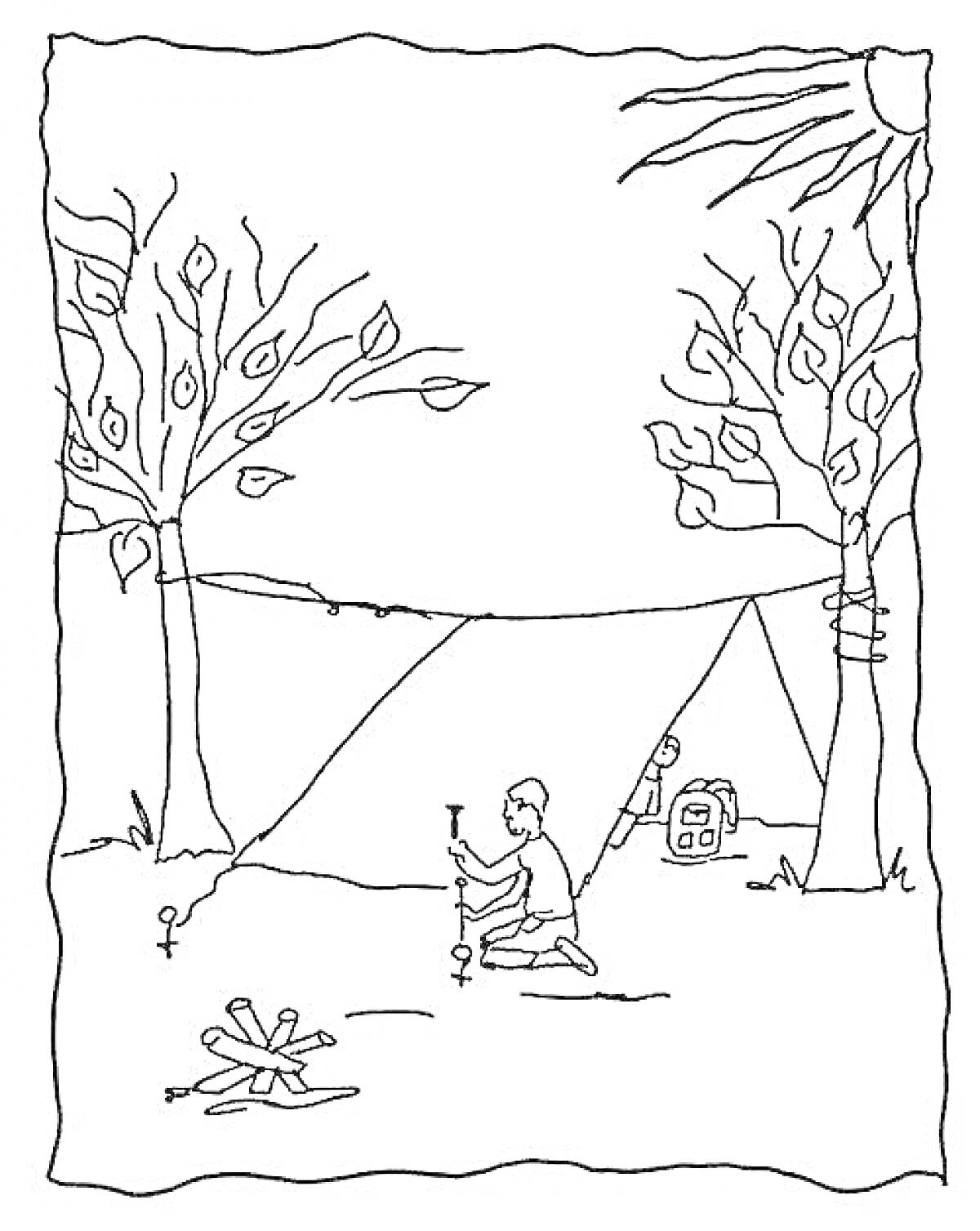 Раскраска Установка палатки в лесу рядом с костром
