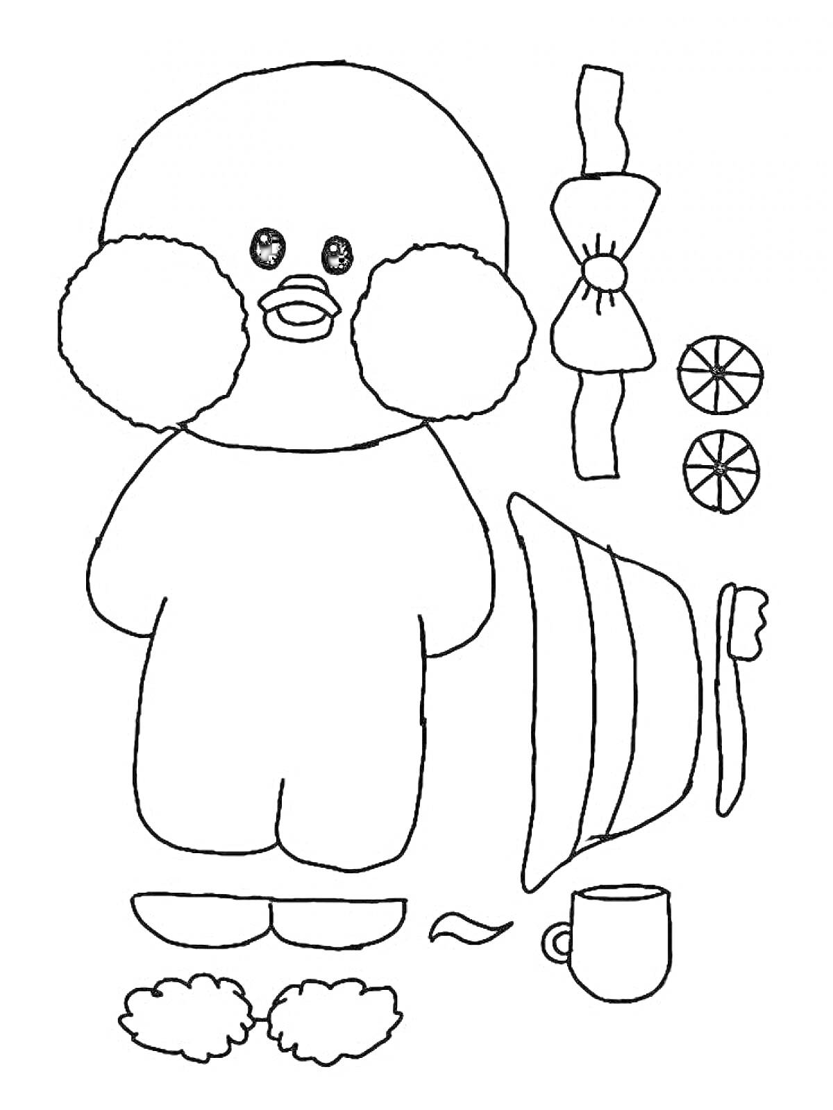 Раскраска Утка Лалафанфан с мандаринами, кружкой, бантом, шапкой и меховыми шариками