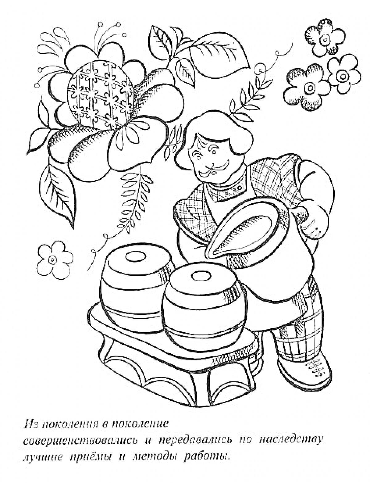 Мастер Гжели, изготовляющий кувшины среди цветов