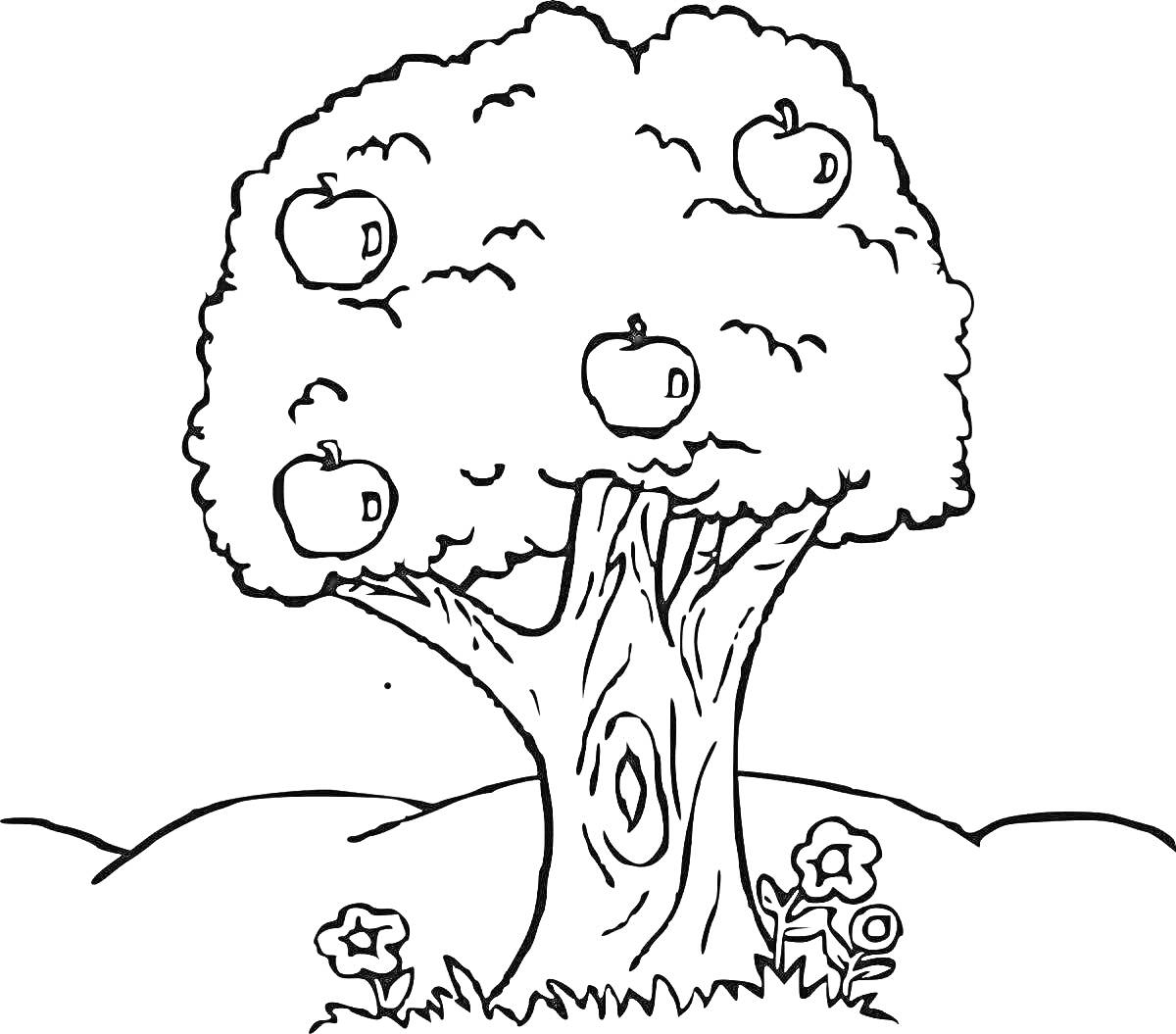 Раскраска Дерево с яблоками и цветами на траве
