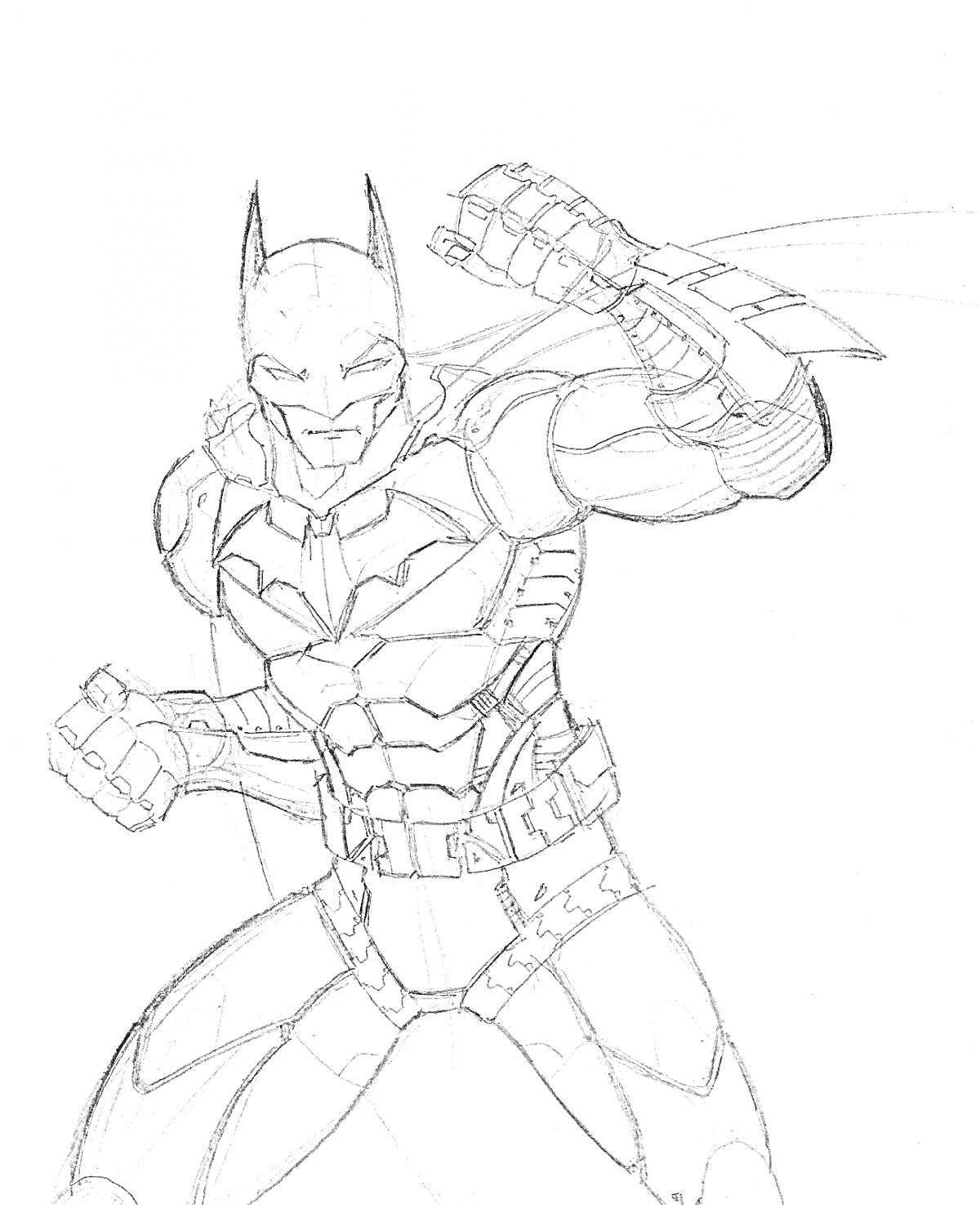 Раскраска Бэтмен в бронекостюме с поднятой рукой для удара