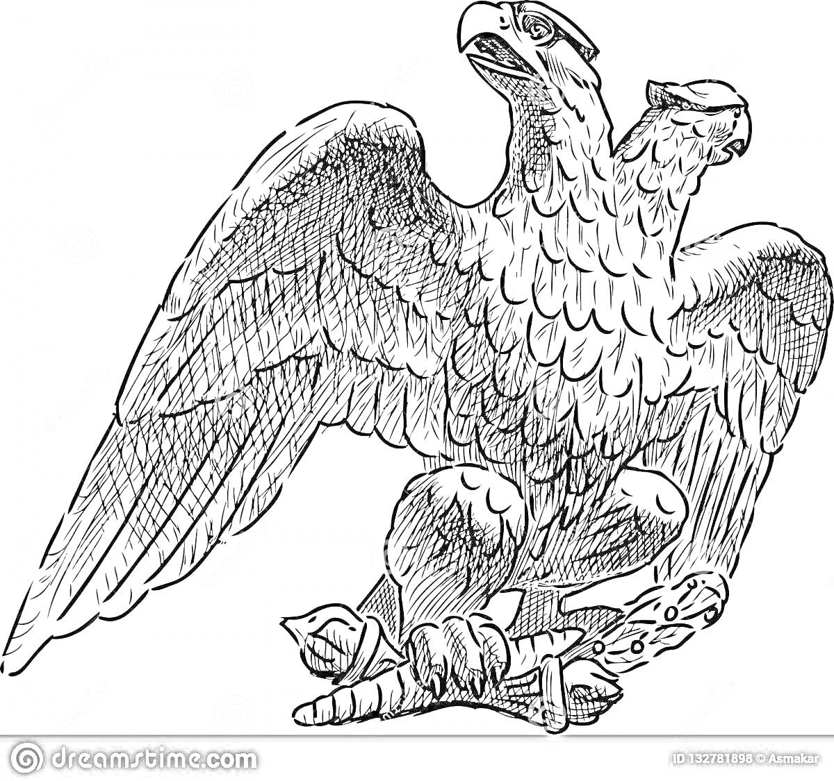 Раскраска Герб города Орла, двуглавый орёл с распростёртыми крыльями, стоящий на ветке
