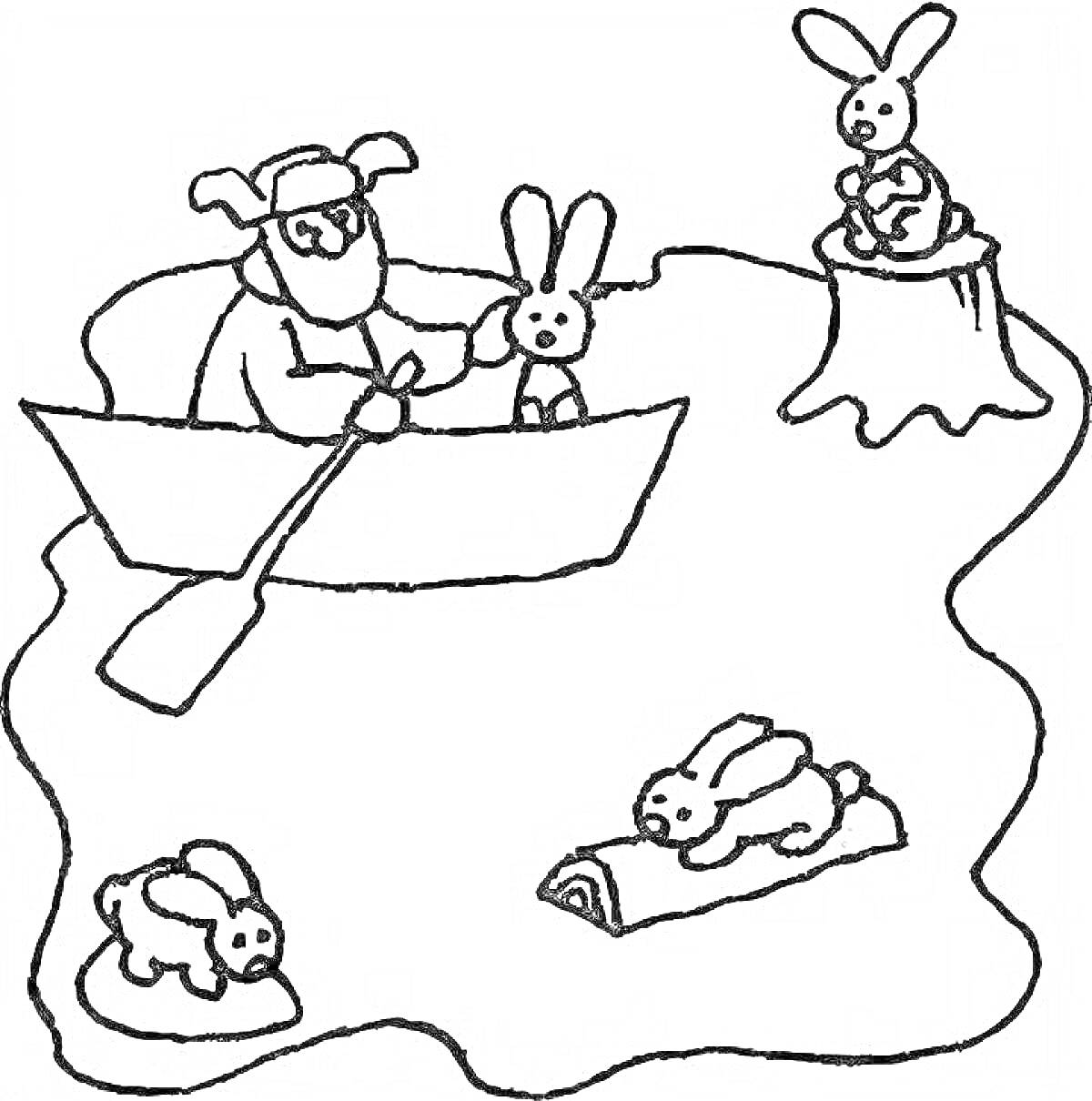 На раскраске изображено: Дед мазай, Зайцы, Лодка, Весло, Пень, Бревно, Вода, Животные