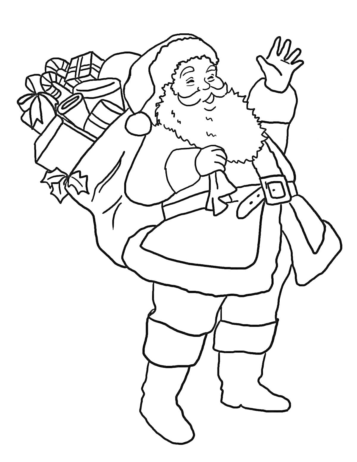 На раскраске изображено: Дед Мороз, Подарки, Зима, Мешки