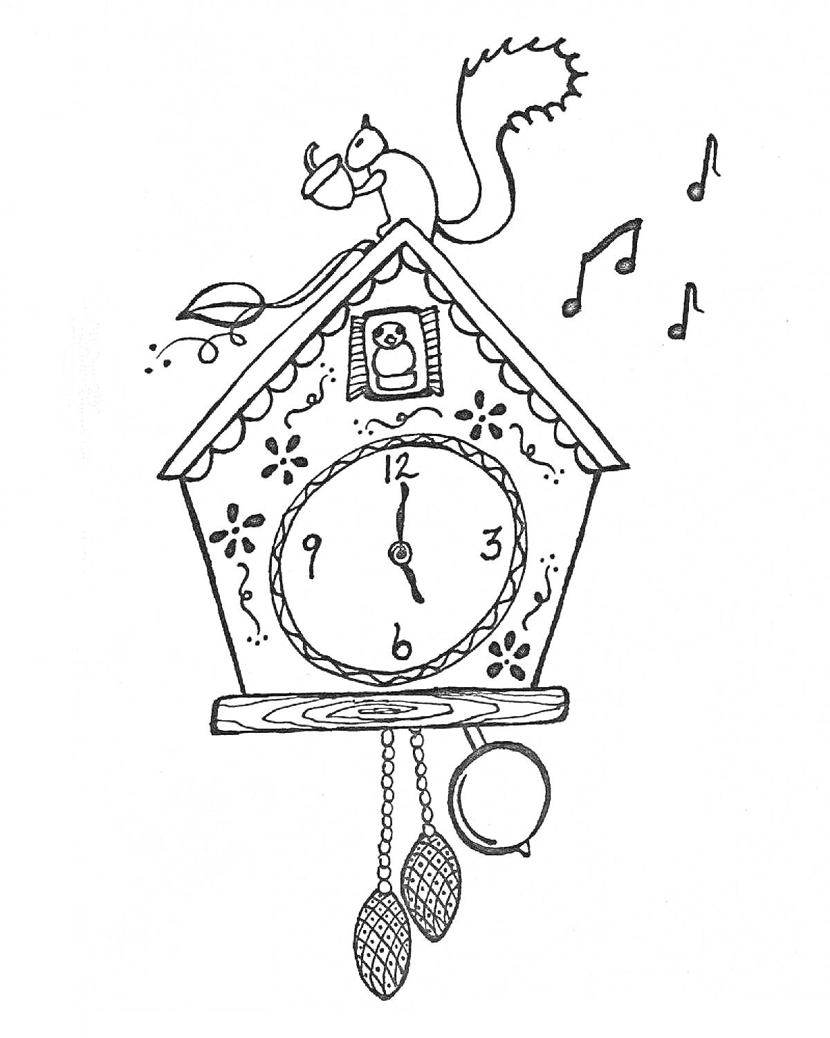 На раскраске изображено: Часы, Кукушка, Белка, Ноты, Время, Декоративные элементы