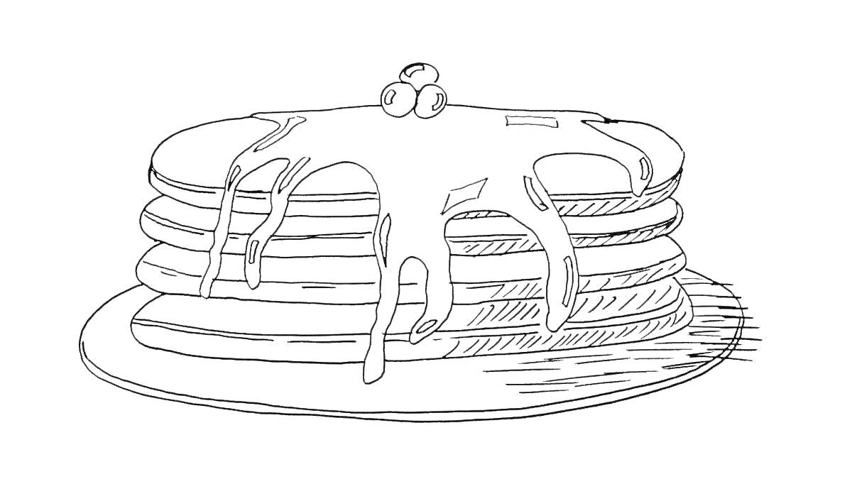 Раскраска Блинчики с ягодами и сиропом на тарелке