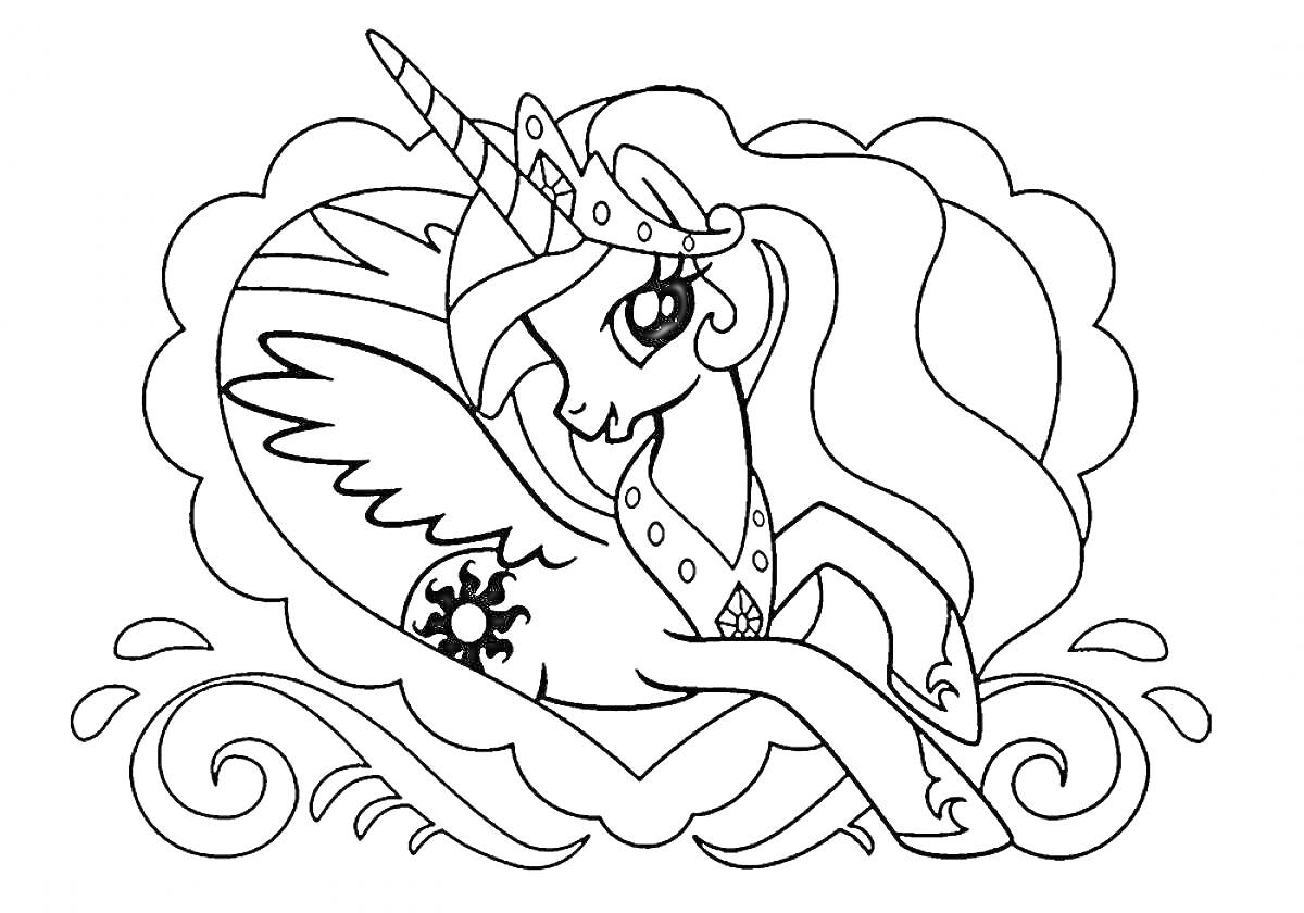 Раскраска Пони Селестия с короной и крыльями в облаке с завитками