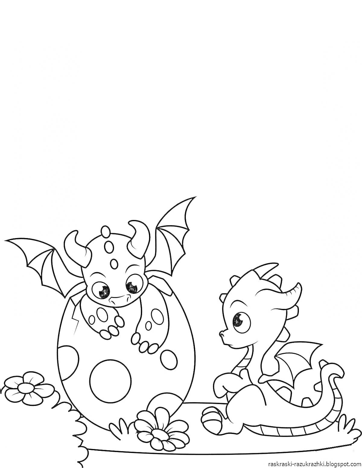 Раскраска Два маленьких дракончика, один из которых вылупляется из яйца, на лугу с цветами и травой