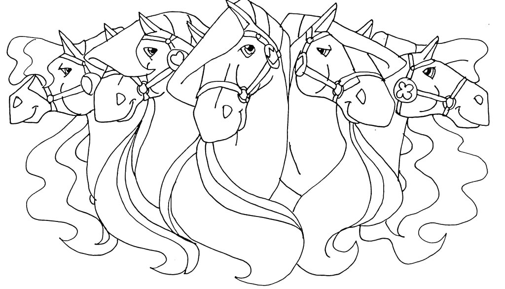 Раскраска Лошади из мультфильма с развевающимися гривами