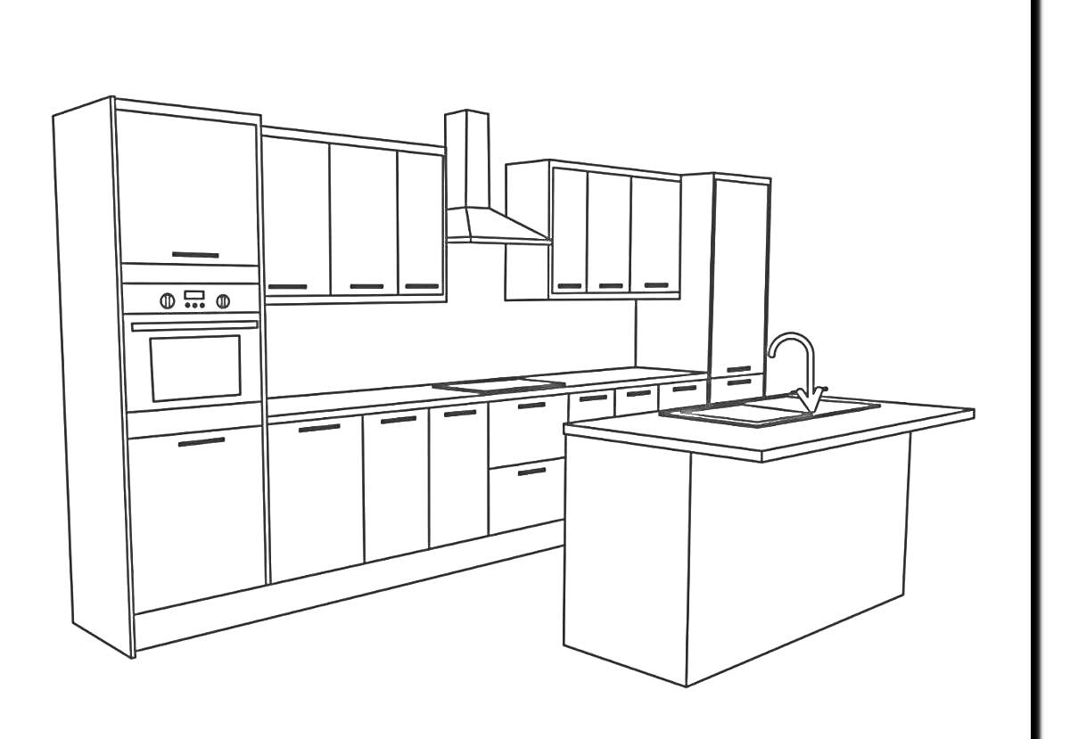 На раскраске изображено: Кухня, Кухонный гарнитур, Вытяжка, Плита, Раковина, Мебель