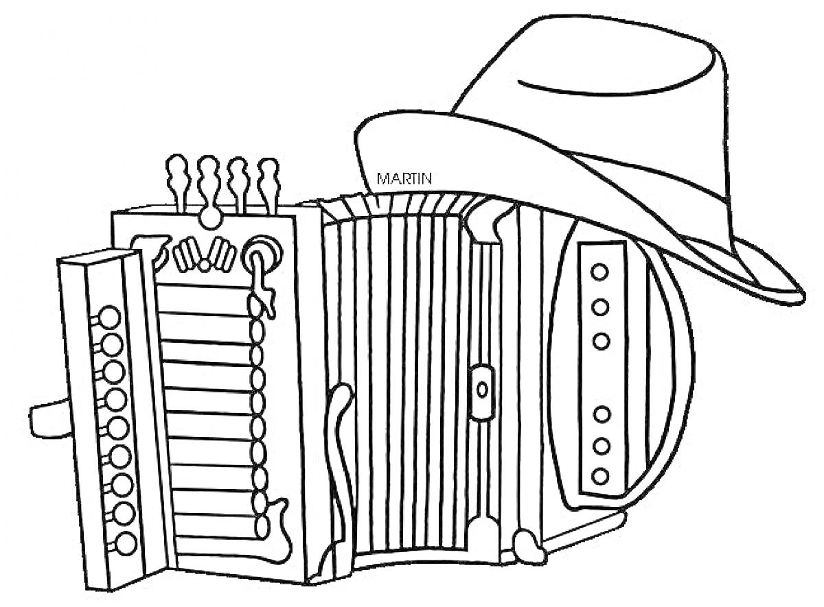 На раскраске изображено: Гармонь, Шляпа, Мелодия, Музыка, Музыкальные инструменты