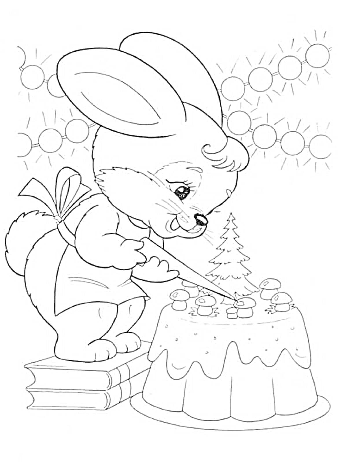 Раскраска Новогодний кролик украшает торт