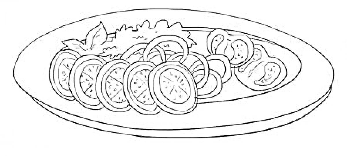 Раскраска Салат в тарелке с нарезанными огурцами, помидорами и листьями салата