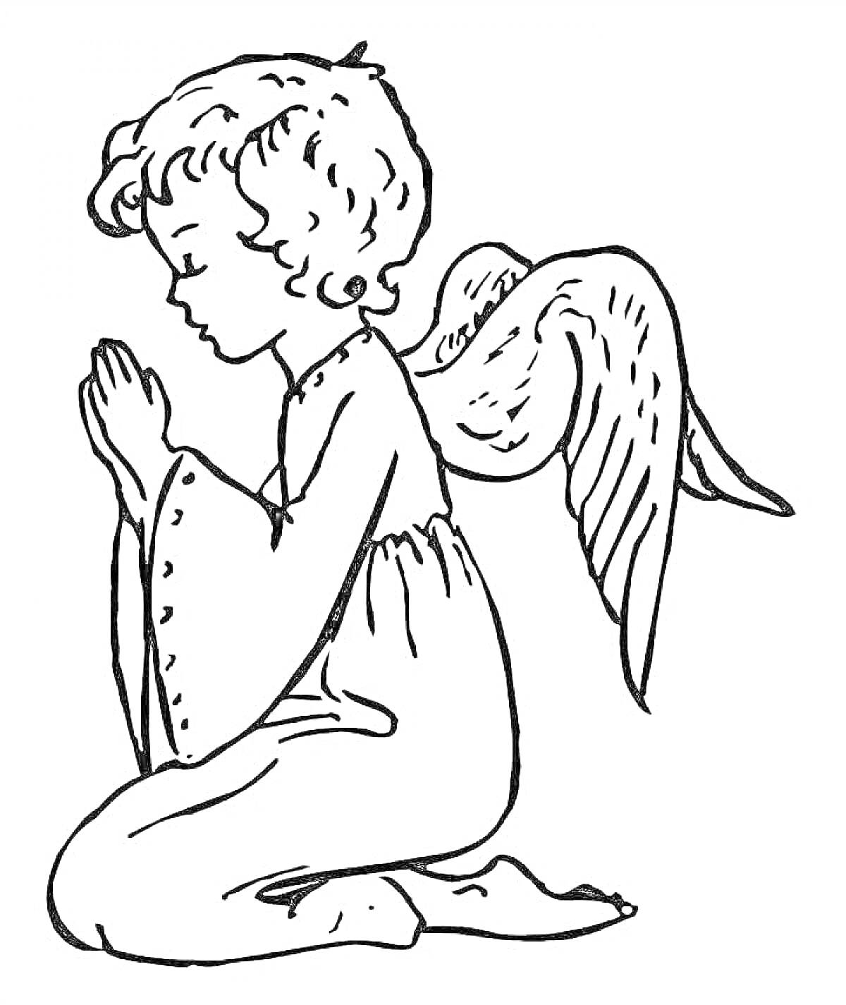 Раскраска Молитва ангелочка с крыльями