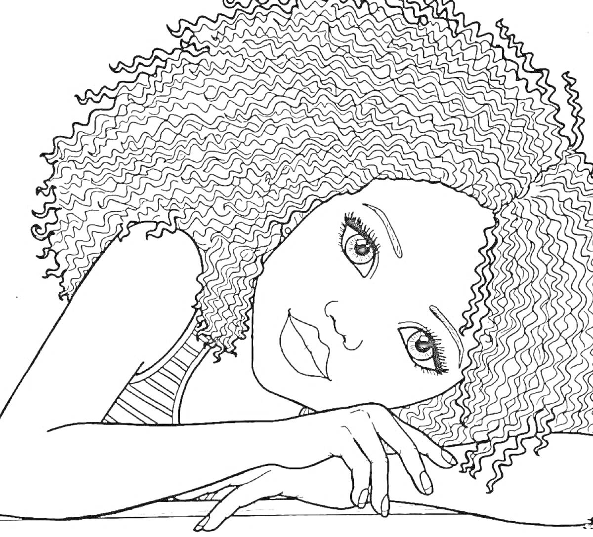 Раскраска Девочка с кучерявыми волосами, лежащая на руке