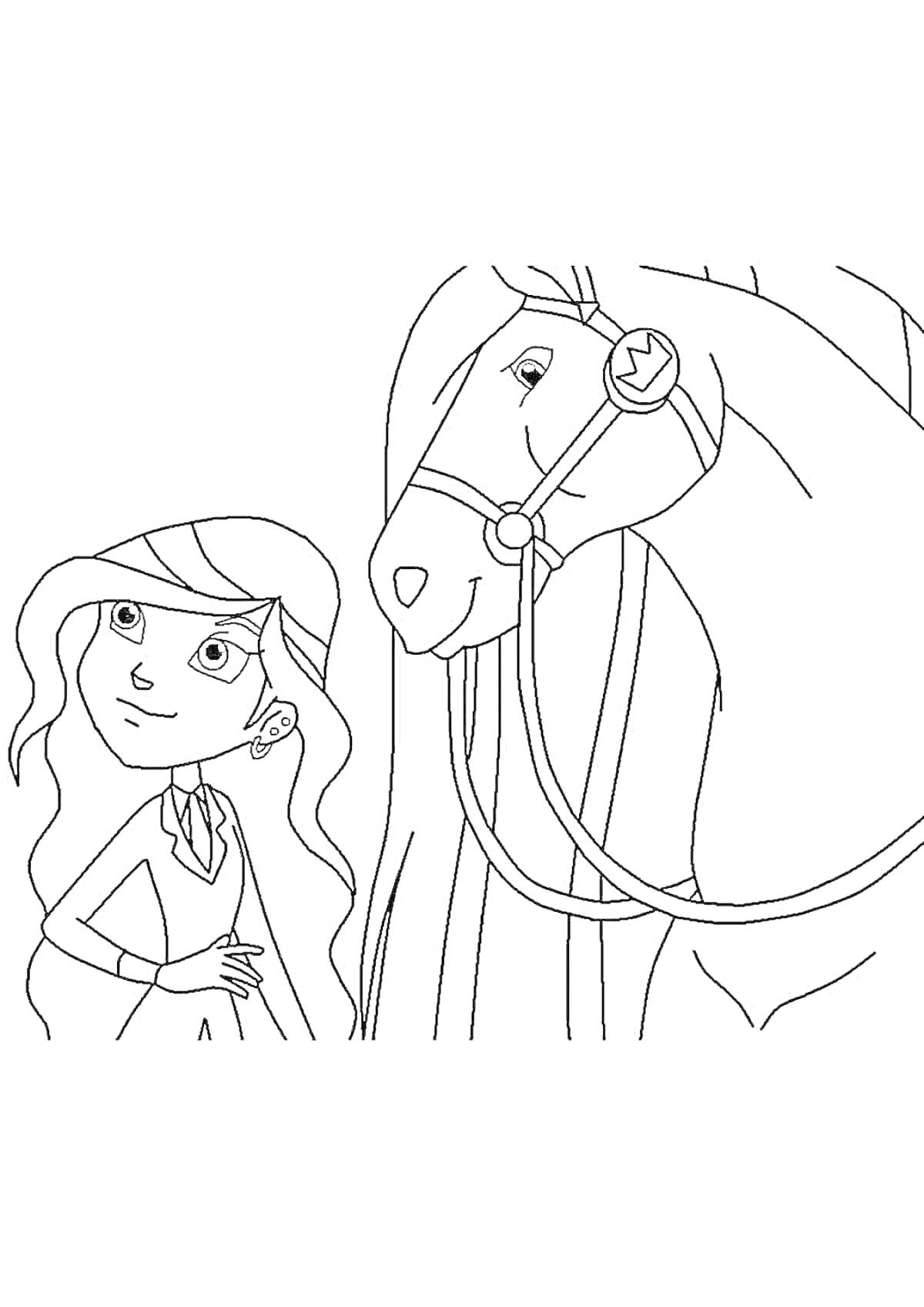 На раскраске изображено: Мультяшная лошадь, Девочка, Уздечка, Длинные волосы, Дружба