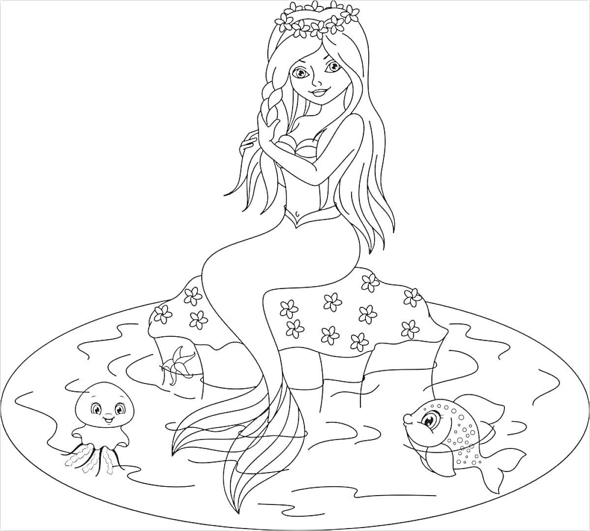 На раскраске изображено: Русалка, Медуза, Рыба, Вода, Подводный мир, Цветы, Длинные волосы, Море
