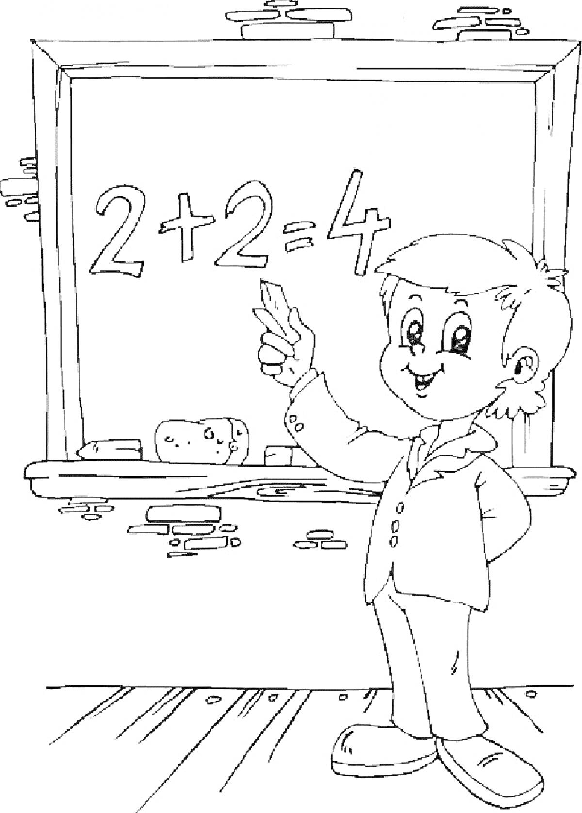 Раскраска Мальчик у доски с примером 2+2=4