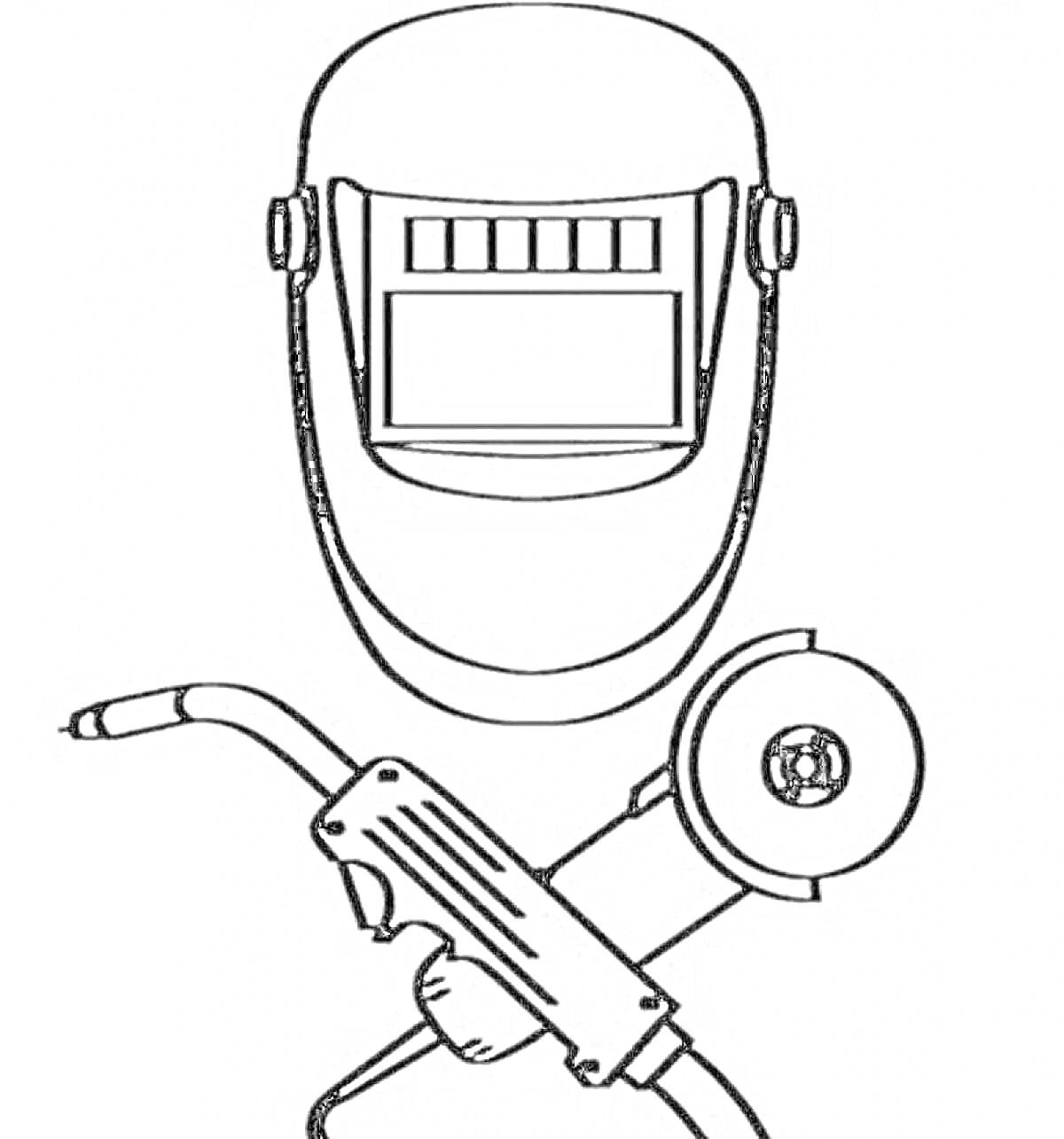 Раскраска Сварочная маска и инструменты (сварочный аппарат и углошлифовальная машинка)