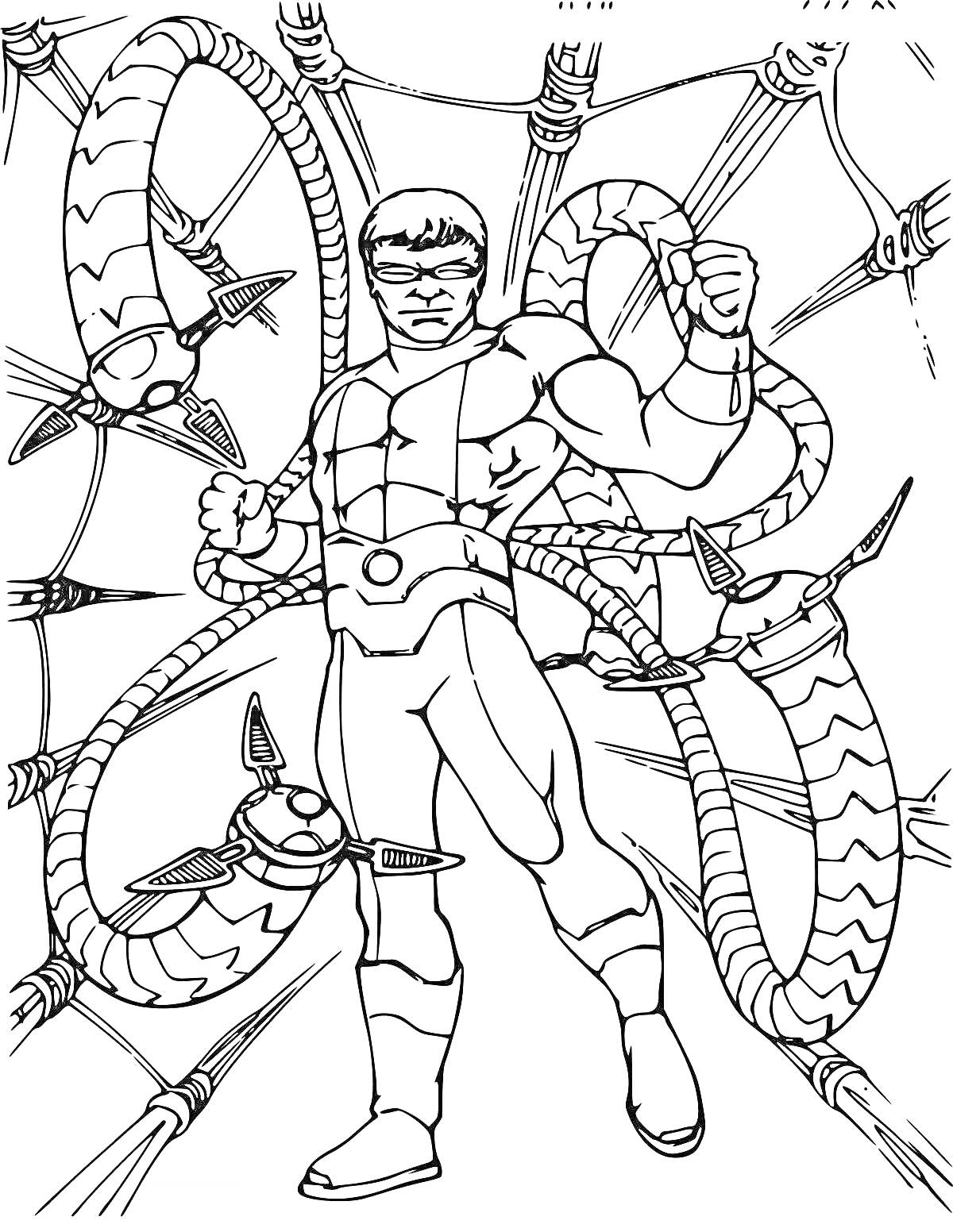 Раскраска Доктор с четырьмя механическими щупальцами на фоне с шестернями