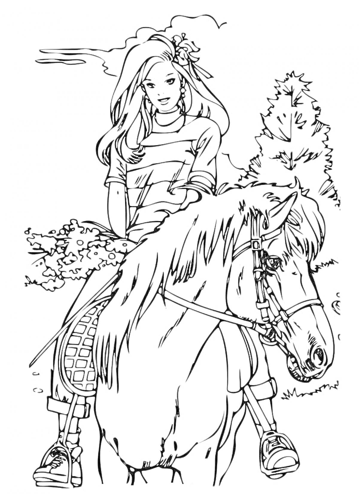 Раскраска Девушка на лошади в лесу