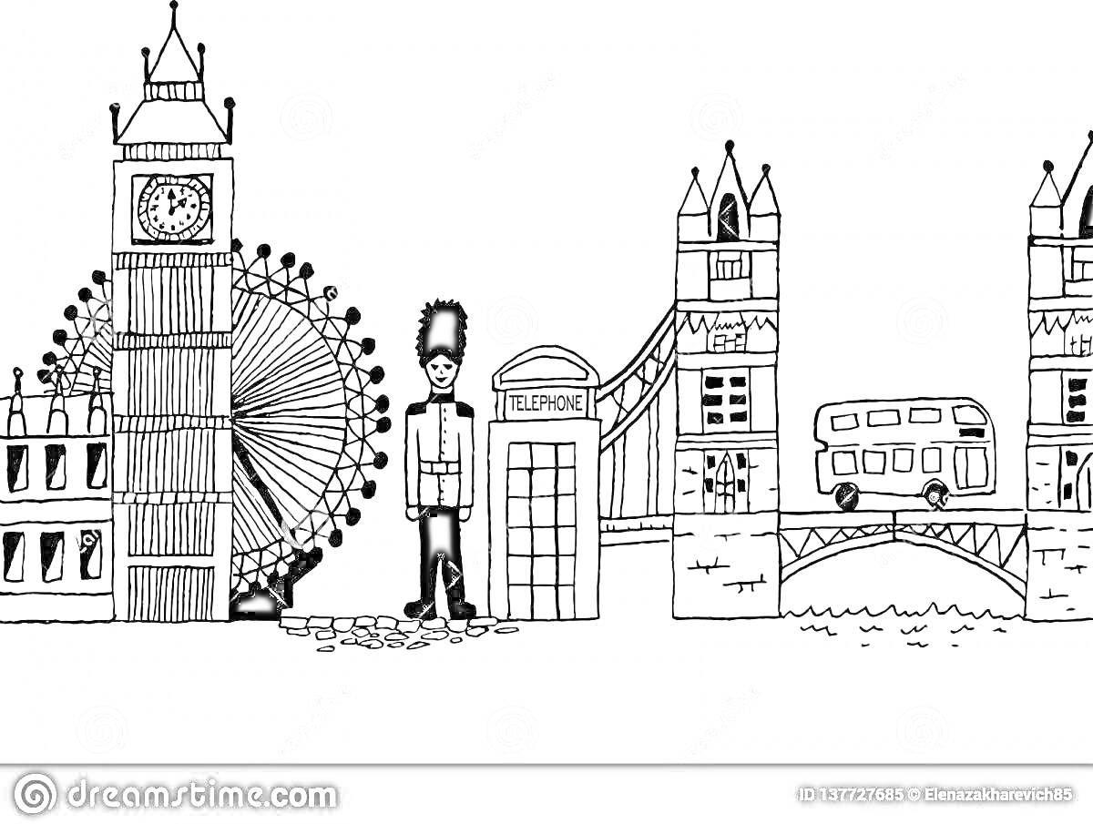 На раскраске изображено: Биг Бен, Лондон, Для детей, Лондонский глаз, Телефонная будка, Мост, Автобус, Достопримечательности, Архитектура