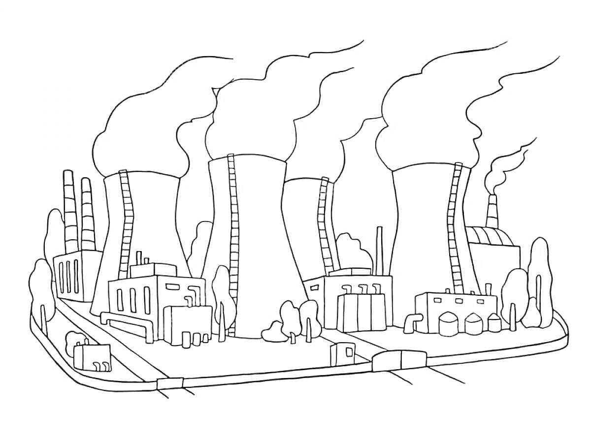Раскраска Электростанция с дымящими трубами, охлаждающими башнями, промышленными зданиями и дорогами
