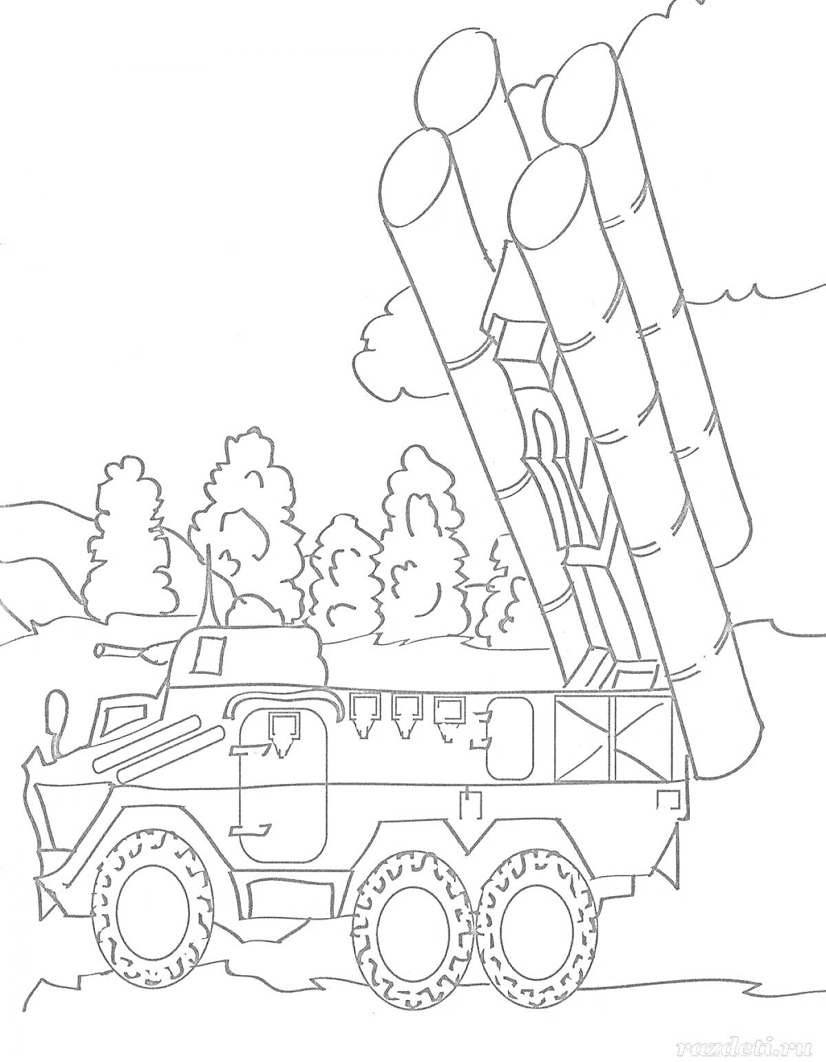 На раскраске изображено: Катюша, Военная техника, Шесть колес, Лес, Деревья, Для детей