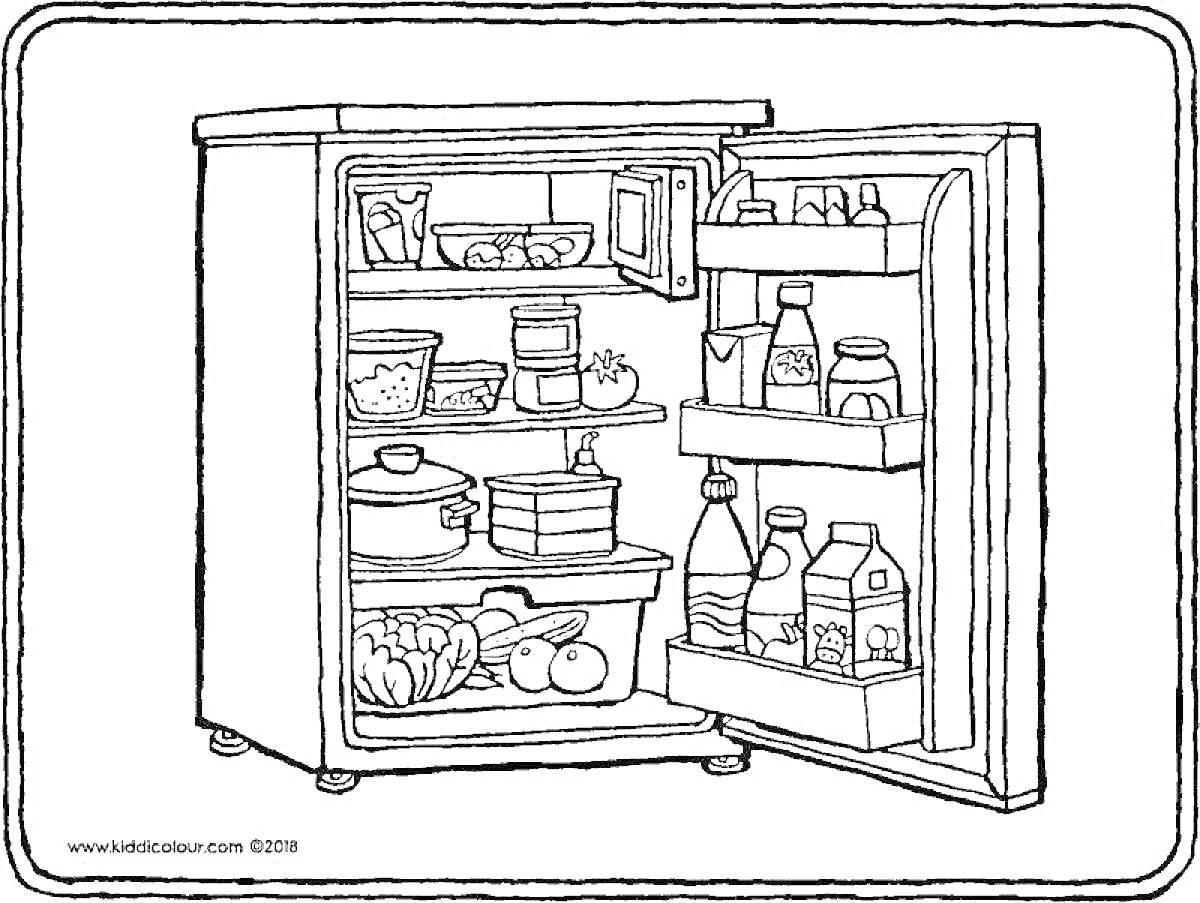 На раскраске изображено: Холодильник, Продукты, Еда, Кастрюля, Фрукты, Яйца, Молоко, Овощи, Кухня, Для детей, Напиток, Коробка, Банка, Бутылка