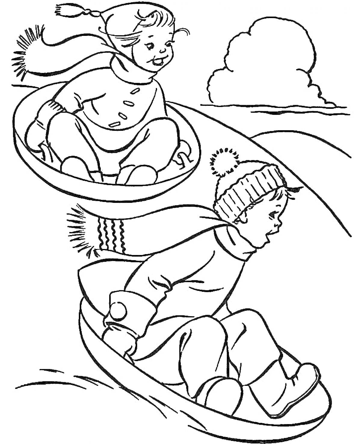 Раскраска Двое детей катаются на санках с горки в снежный сугроб