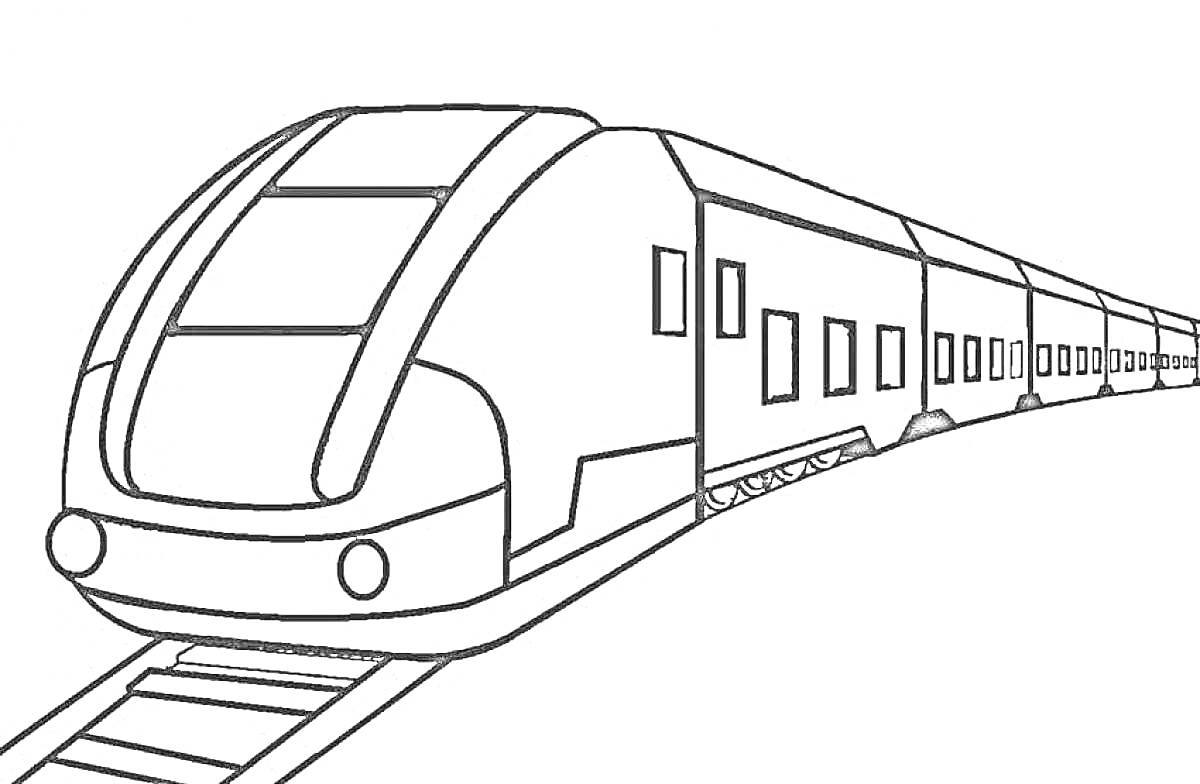 На раскраске изображено: Поезд, Ласточка, Рельсы, Высокоскоростной поезд, Транспорт, Железная дорога