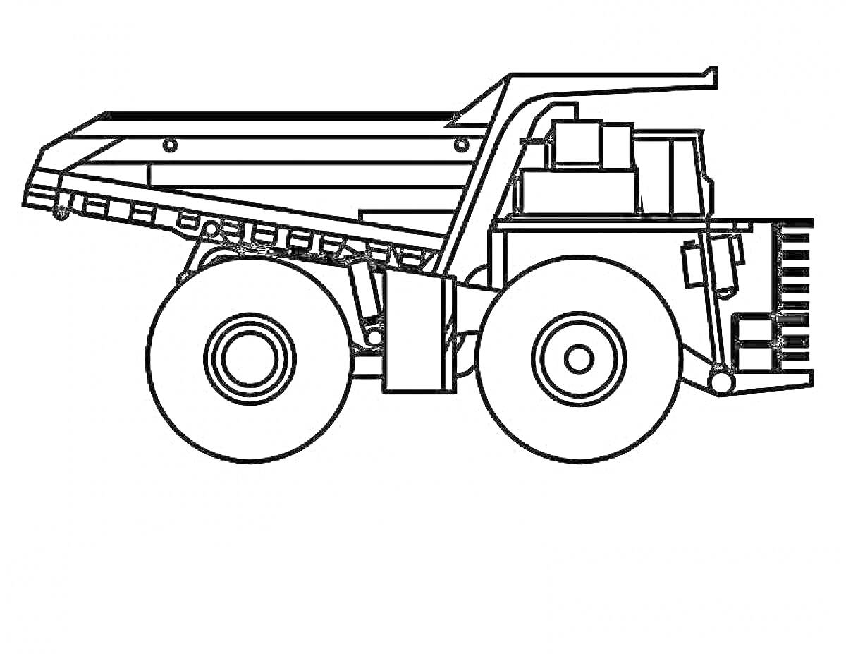 Раскраска Карьерный самосвал с кузовом для перевозки, два огромных задних колеса, кабина водителя, элементы каркаса