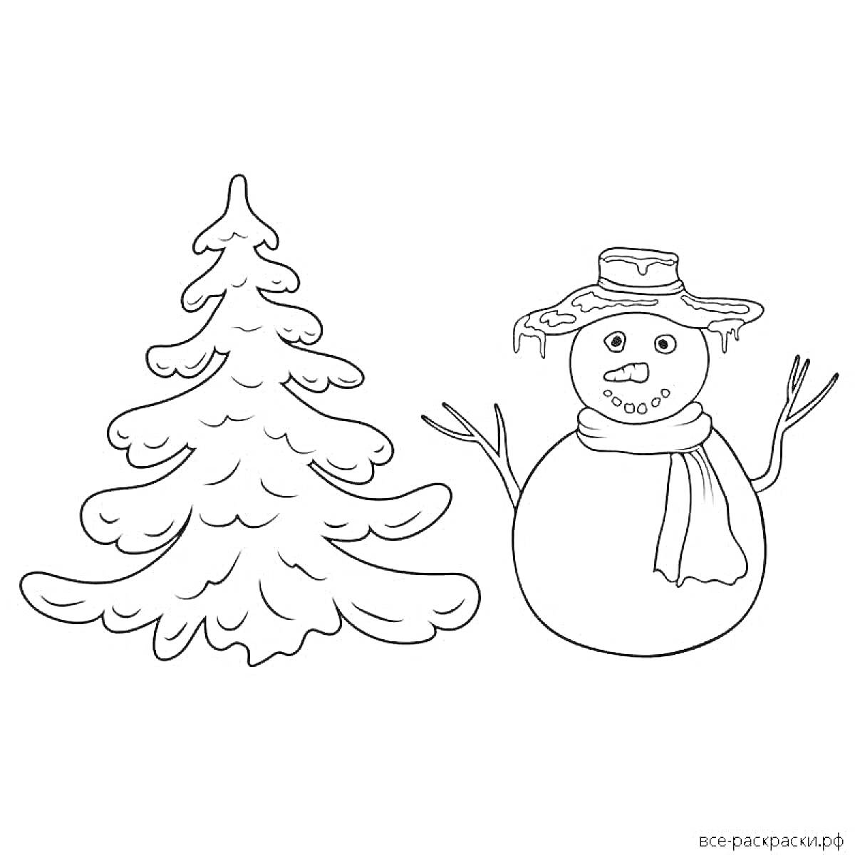 На раскраске изображено: Зима, Новогодняя елка, Снег, Шапка, Шарф