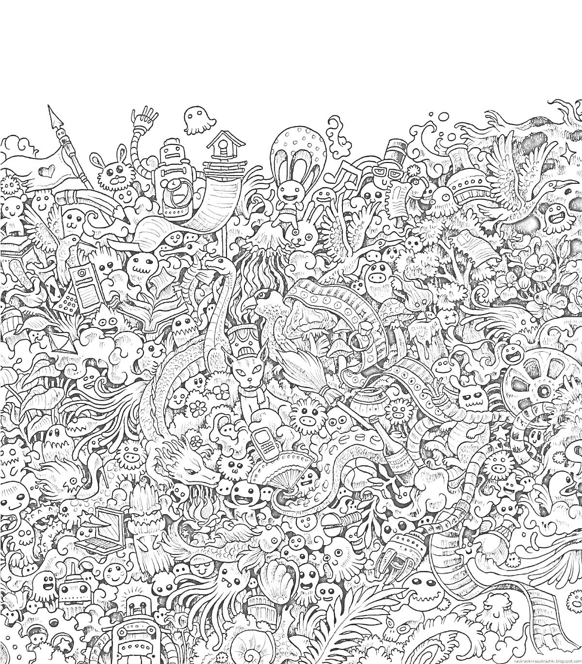 Раскраска Мультяшные герои в хаотичном мире (привидение, динозавр, робот с шестернями, череп, русалка, змеи, перья, сова, домик, факел, птицы, цветы, рыбы, листва и множество мелких персонажей)